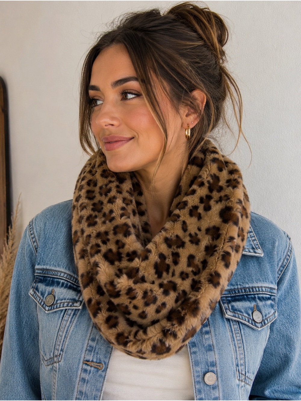 Leopard Print Faux Fur Infinity Scarf - Brown